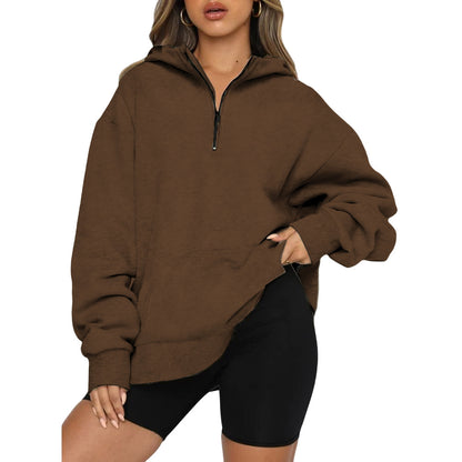 Damen Oversize Kapuzenpullover mit halbem Reißverschluss Stalluxe Braun
