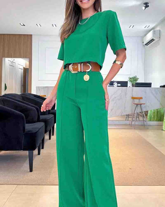 Damen elegantes Zweiteiler Set mit weitem Hosenbein und kurzem Oberteil Stalluxe