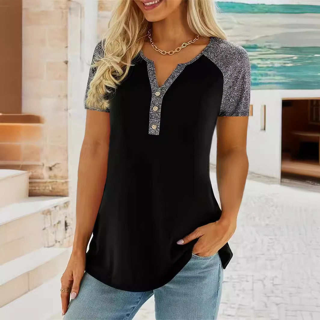Damen Casual T-Shirt mit Knopfleiste und Kontrastärmel Stalluxe