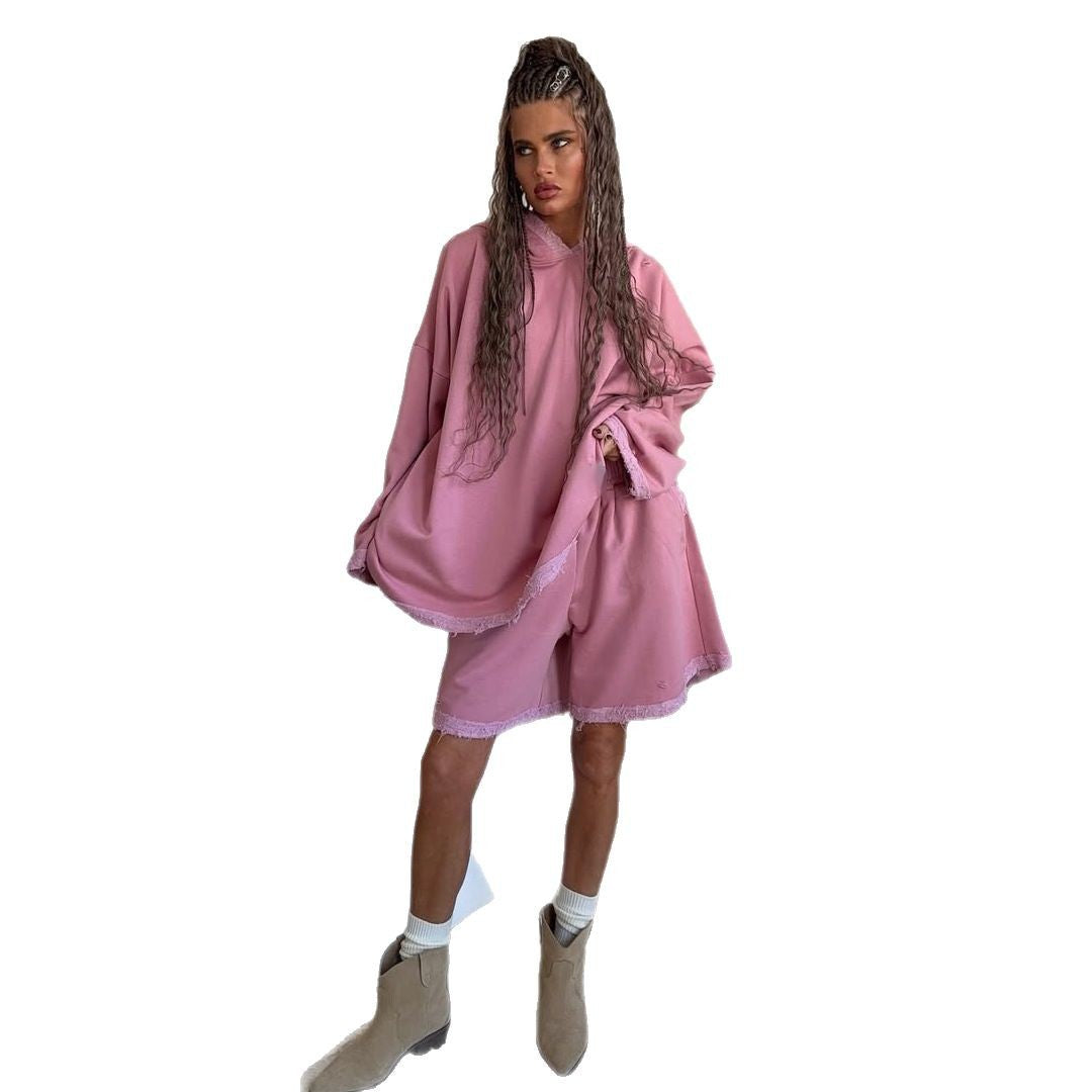 Damen sportlicher Oversized Hoodie mit fransigen Details und Shorts-Set Stalluxe