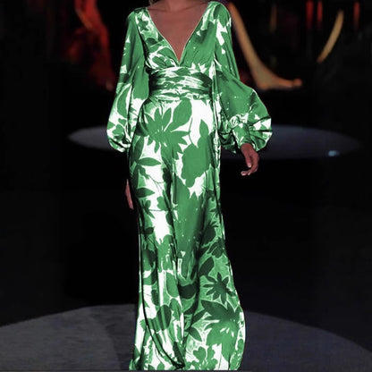Damen Maxi-Kleid mit tiefem V-Ausschnitt und voluminösen Ärmeln Stalluxe