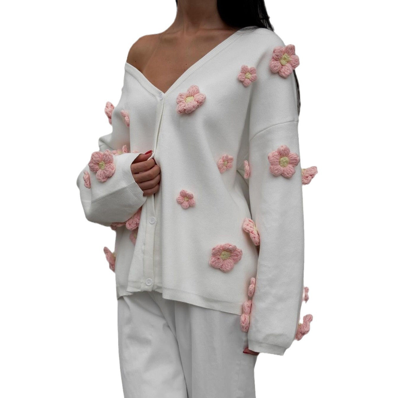 Damen Strickjacke mit floralem 3D-Design und V-Ausschnitt Stalluxe