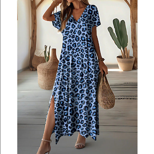 Damen V-Ausschnitt Leopardenprint Maxikleid mit Seitenschlitzen Stalluxe