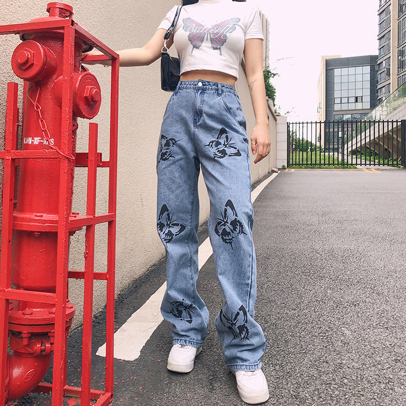 Damen weite High-Waist Jeans mit floralen Druckmotiven Stalluxe
