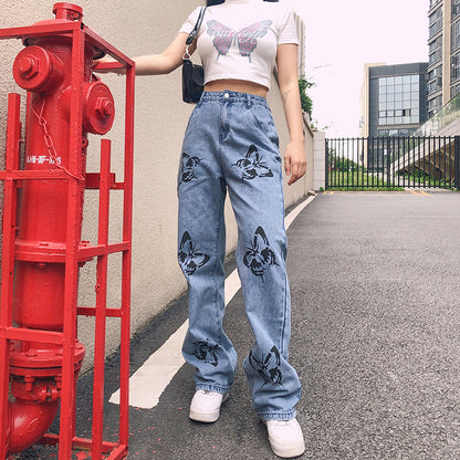 Damen weite High-Waist Jeans mit floralen Druckmotiven Stalluxe