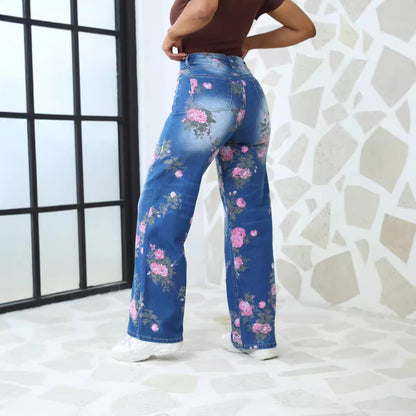 Damen Blumige Wide-Leg Jeans im modischen Design mit hohem Bund Stalluxe