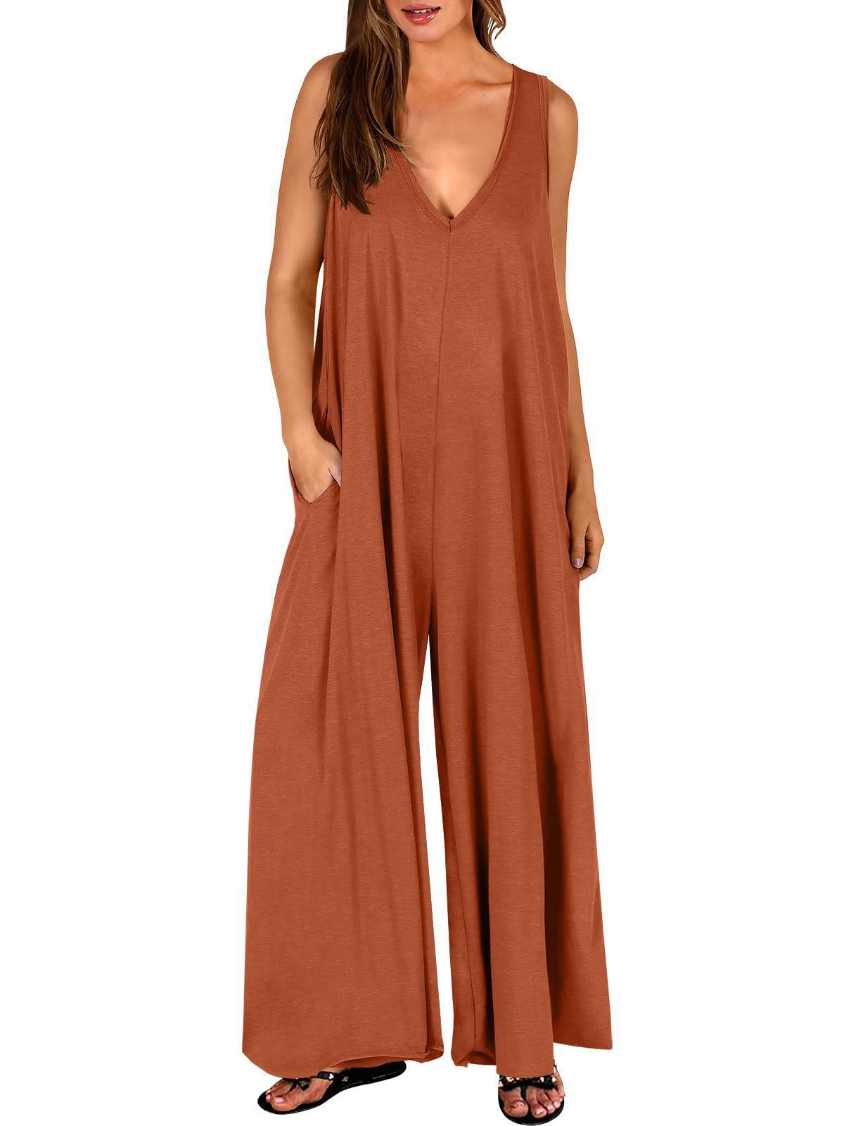 Damen Luftiger Jumpsuit mit tiefem V-Ausschnitt und seitlichen Taschen Stalluxe