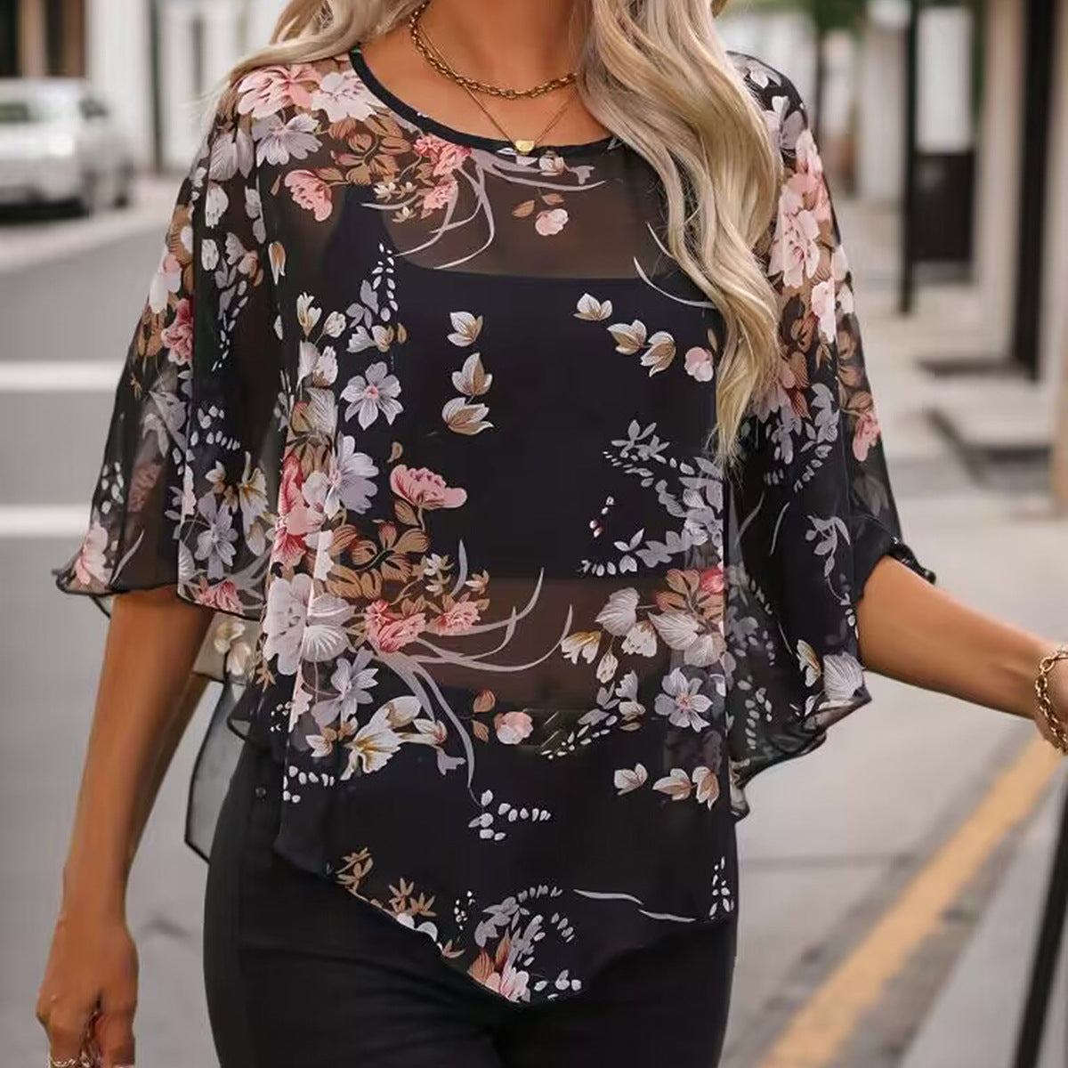 Damen Chiffonbluse mit Volantärmeln und floralem Muster Stalluxe