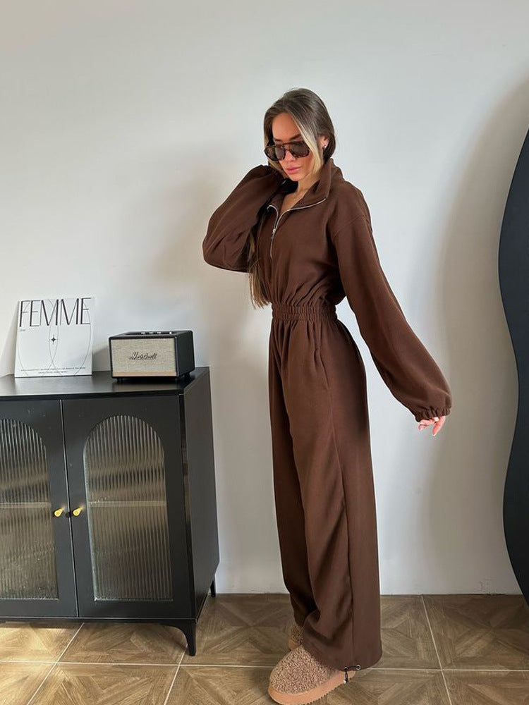 Damen Fleece-Jumpsuit mit hohem Kragen und elastischem Bund Stalluxe