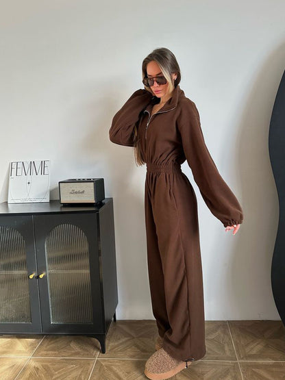 Damen Fleece-Jumpsuit mit hohem Kragen und elastischem Bund Stalluxe