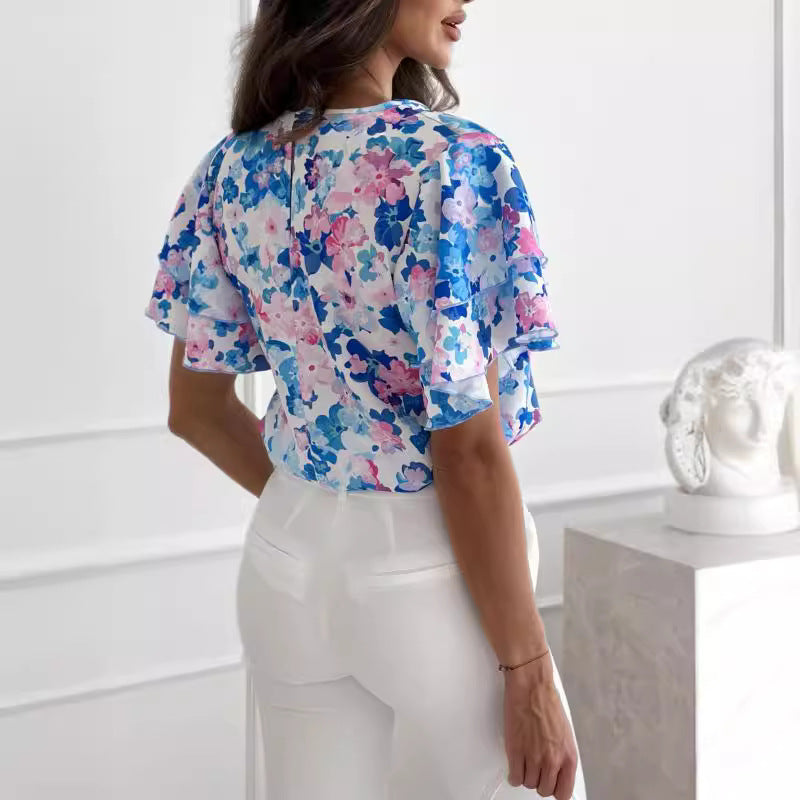 Damen Bluse mit voluminösen Rüschensäumen und floralem Druck Stalluxe