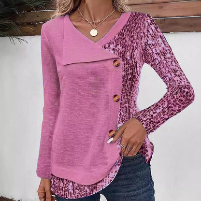 Damen Modisches Langarmshirt mit asymmetrischem Kragen und dekorativen Knopfdetails Stalluxe