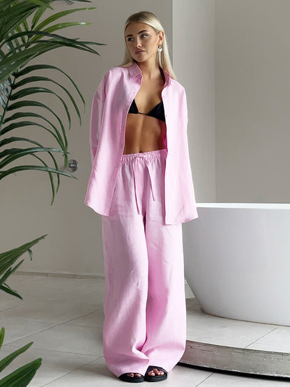 Damen lässiger Leinenanzug mit weiten Hosen und oversize Hemd Stalluxe