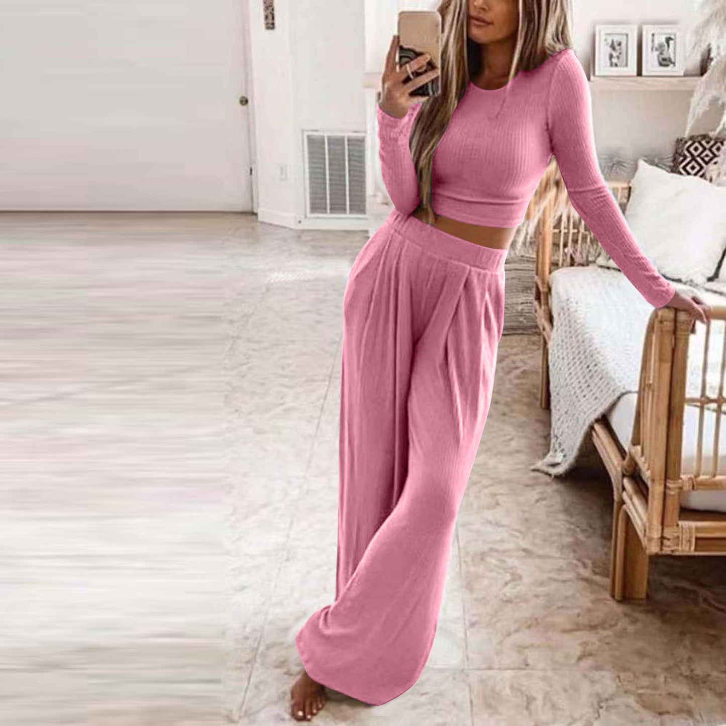 Damen Elegantes Lounge-Set mit langärmeligem Oberteil und weiten Hosen Stalluxe