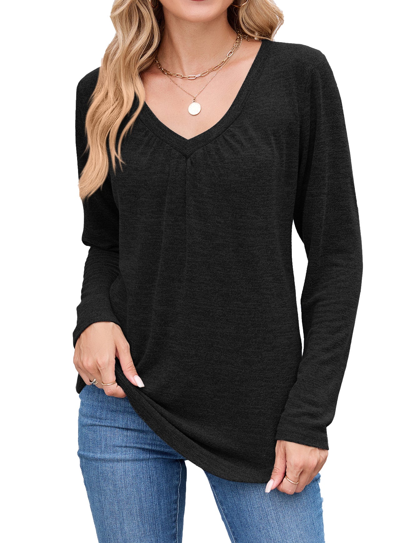 Damen Langarmshirt mit raffiniertem V-Ausschnitt und Falten Stalluxe