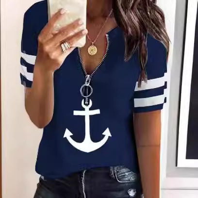 Damen Maritimes Kurzarm-Oberteil mit Reißverschluss und Ankerdesign Stalluxe