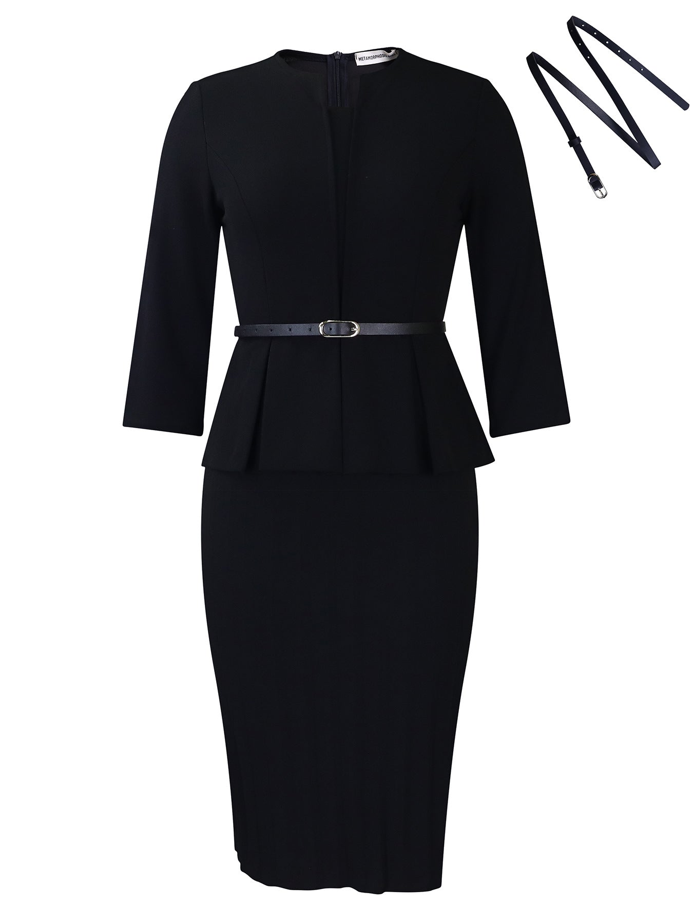 Damen Elegantes Peplum Kleid mit eingearbeitetem Taillengürtel und strukturiertem Rock Stalluxe Schwarz