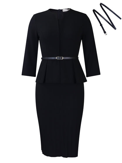 Damen Elegantes Peplum Kleid mit eingearbeitetem Taillengürtel und strukturiertem Rock Stalluxe Schwarz