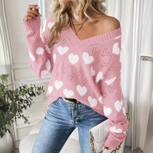 Damen kuscheliger Pullover mit herzförmigem Muster und V-Ausschnitt Stalluxe