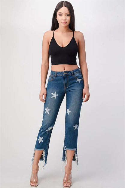 Damen modische Jeans mit Sternen-Design und fransigem Saum Stalluxe