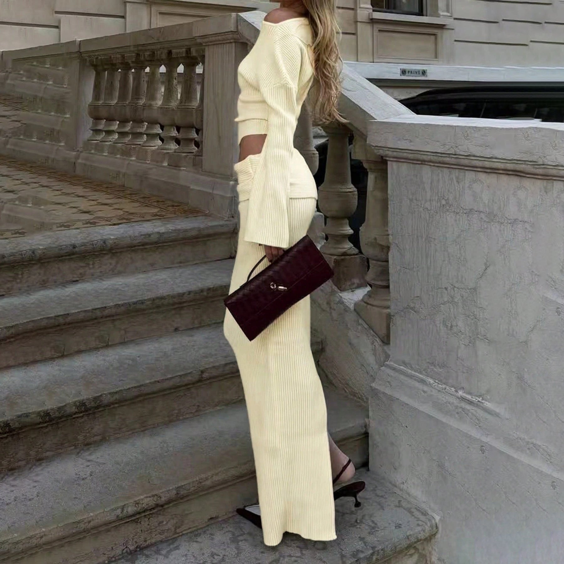 Damen Strick-Set mit schulterfreiem Oberteil und schickem Maxi-Rock Stalluxe