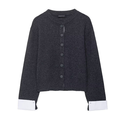 Damen modische Strickjacke mit kontrastierenden Ärmeln und durchgehender Knopfleiste Stalluxe