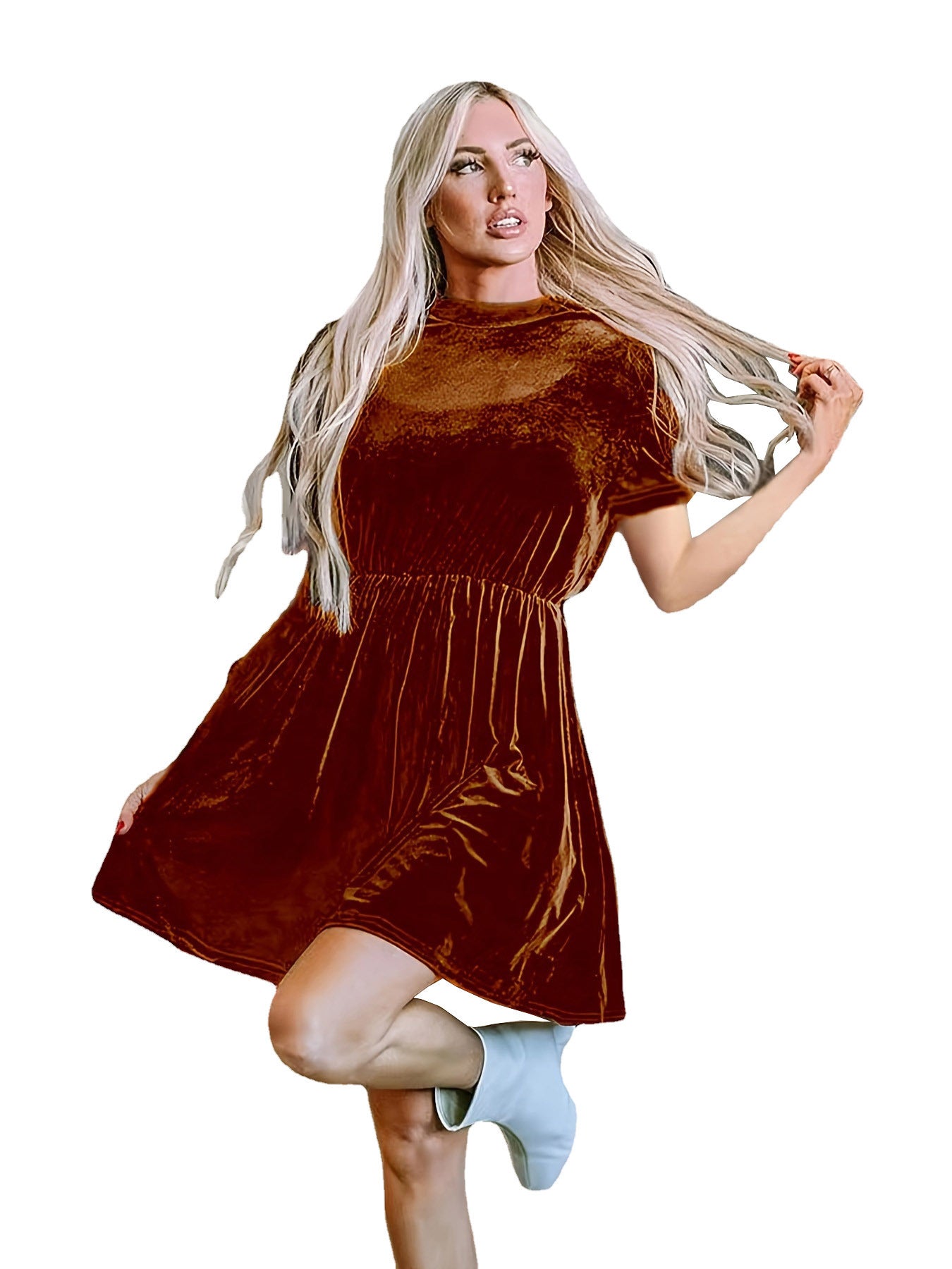 Damen Samt Minikleid mit hohem Kragen und lässigem Schnitt Stalluxe Braun