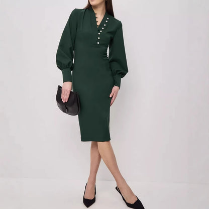 Damen elegantes Kleid mit Puffärmeln und Perlenknopfen Stalluxe