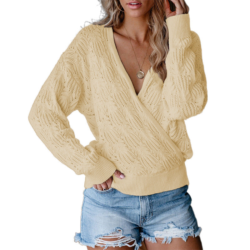 Damen Strickpullover mit tiefem V-Ausschnitt und modernen Lochmuster Stalluxe