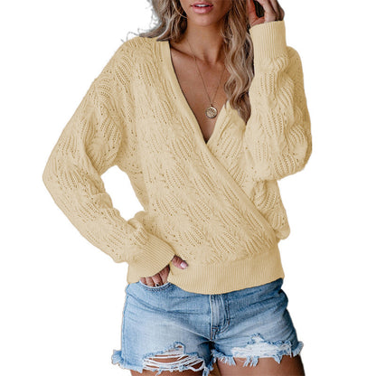 Damen Strickpullover mit tiefem V-Ausschnitt und modernen Lochmuster Stalluxe