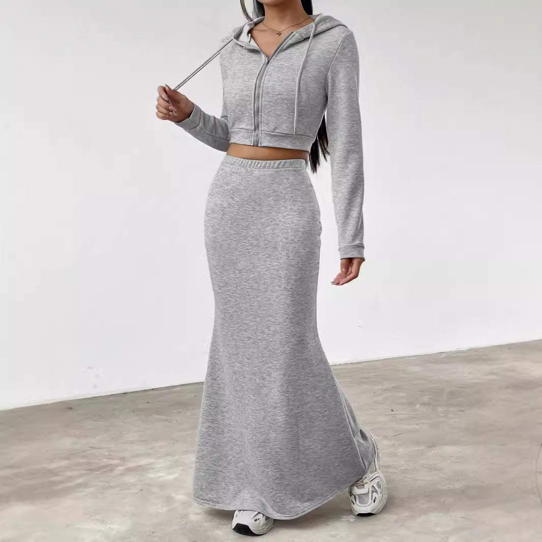 Damen elegantes Cropped Sweatshirt mit hohem Bund und Maxirock Stalluxe