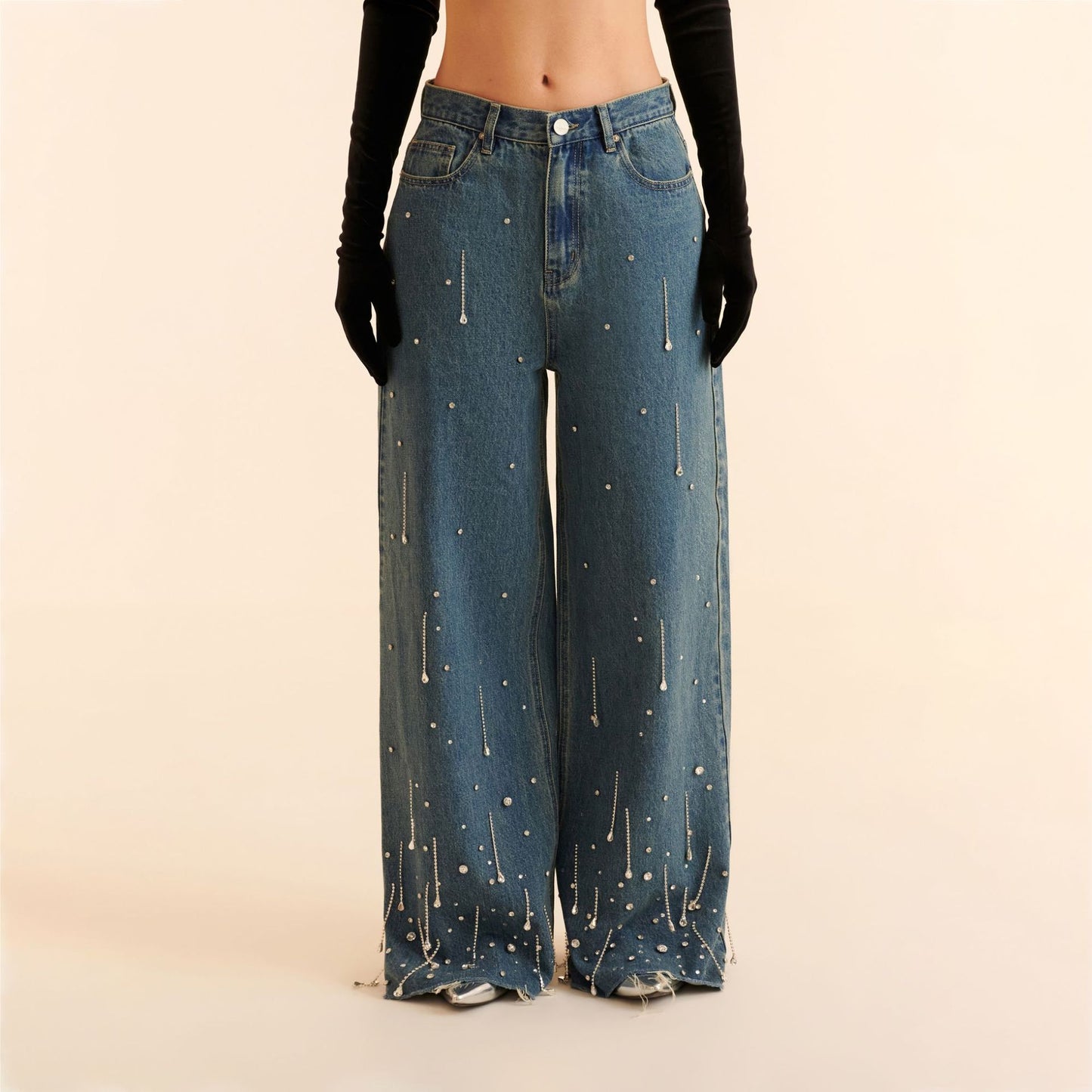 Damen Weit geschnittene Jeans mit funkelnden Perlenakzenten und lässigem Design Stalluxe