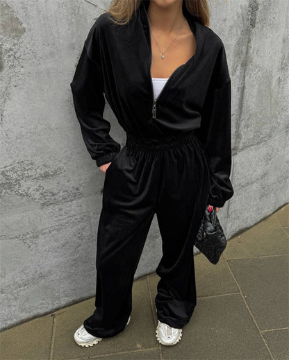 Damen eleganter Fleece-Jumpsuit mit hohem Kragen und Kordelzug Stalluxe