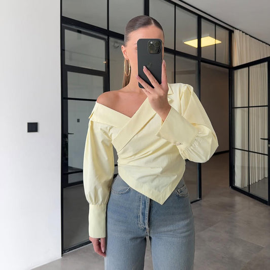 Damen Elegante Wickelbluse mit asymmetrischem Schnitt und Puffärmeln Stalluxe