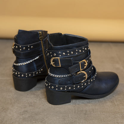 Damen modische Stiefeletten mit verzierten Riemen und Kettenelementen Stalluxe