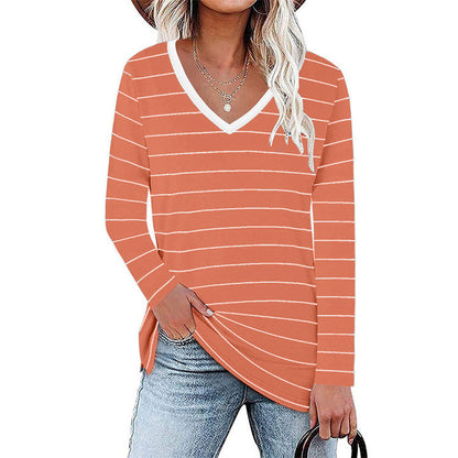 Damen V-Ausschnitt Langarmshirt mit Streifenmuster und seitlichen Schlitzen Stalluxe