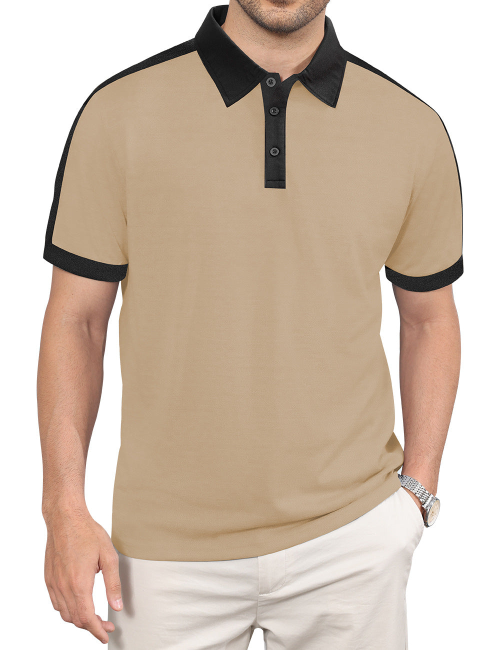 Product Image for Herren Polohemd mit modernem Kontrastkragen und atmungsaktiven Materialien Stalluxe - Khaki / S