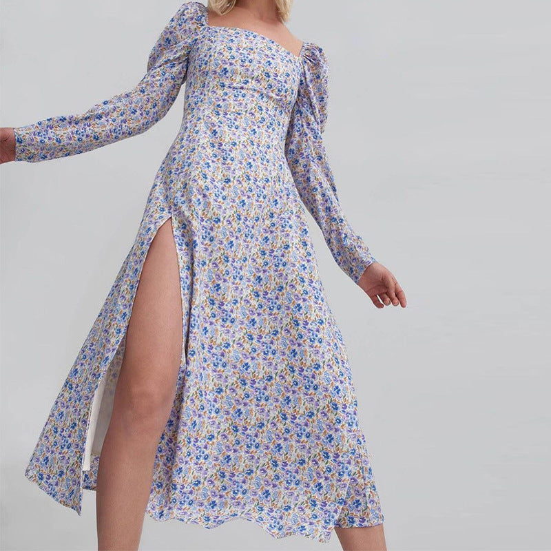 Damen Blütendes Maxikleid mit asymmetrischem Schlitz und Puffärmeln Stalluxe