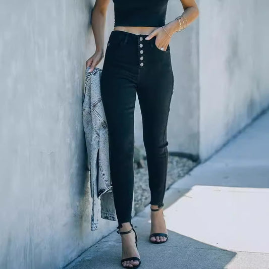 Damen Hochtaillierte Skinny Jeans mit knöpfbarem Bund und figurbetontem Schnitt Stalluxe