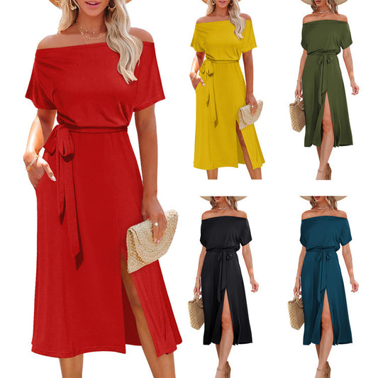Damen Off-Shoulder Midikleid mit Taillengürtel und praktischen Taschen Stalluxe