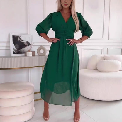 Damen Midikleid mit raffiniertem V-Ausschnitt und Puffärmeln Stalluxe