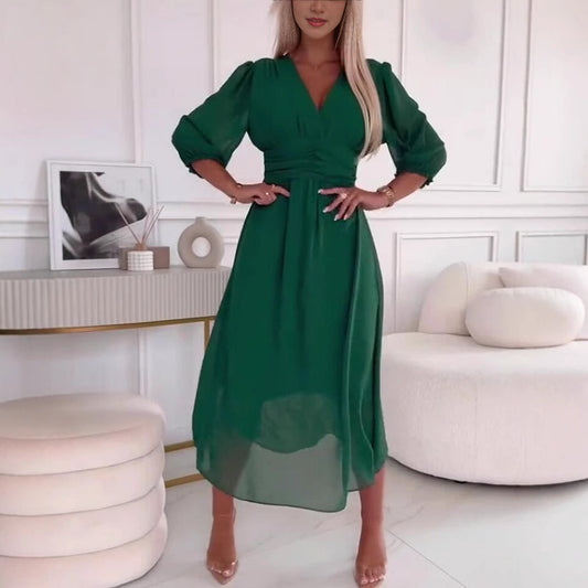 Damen Midikleid mit raffiniertem V-Ausschnitt und Puffärmeln Stalluxe