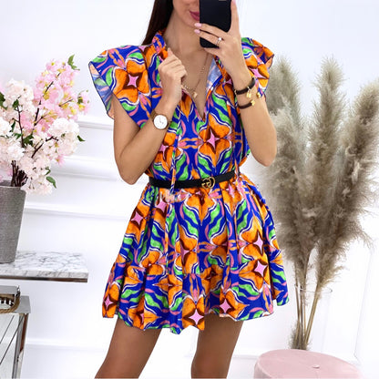 Damen Kurzes Hemdblusenkleid mit voluminösen Ärmeln und floralem Druck Stalluxe