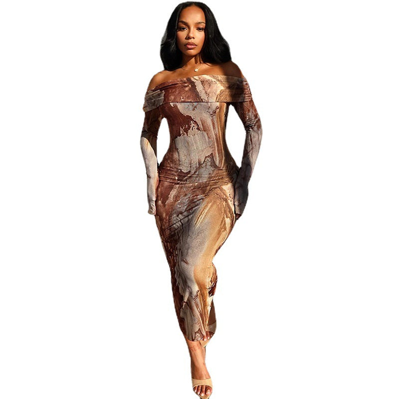 Damen Off-Shoulder Maxikleid mit elegantem Marmor-Design und figurbetontem Schnitt Stalluxe