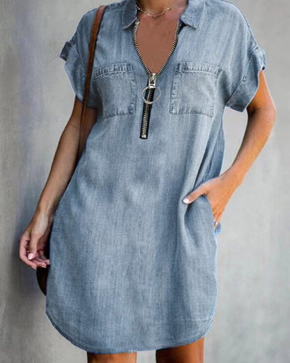 Damen Chambray Kleid mit Reißverschluss und praktischen Taschen Stalluxe