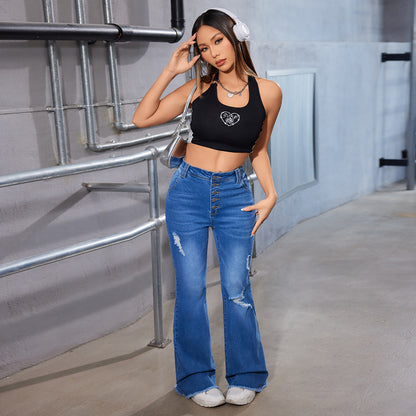 Damen Flared Jeans mit Knopfverschluss und Destroyed-Details Stalluxe