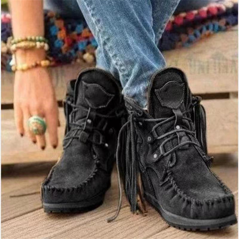 Damen Mokassinstiefel mit modischen Fransen und eleganten Schnürungen Stalluxe