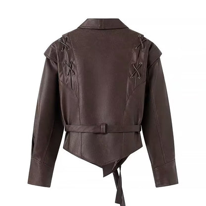 Damen Kunstlederjacke mit taillierbarem Gürtel und kontrastierenden Nähten Stalluxe