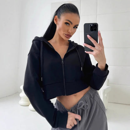 Damen cropped Kapuzenpullover mit bequemen elastischen Bündchen und praktischen Taschen Stalluxe