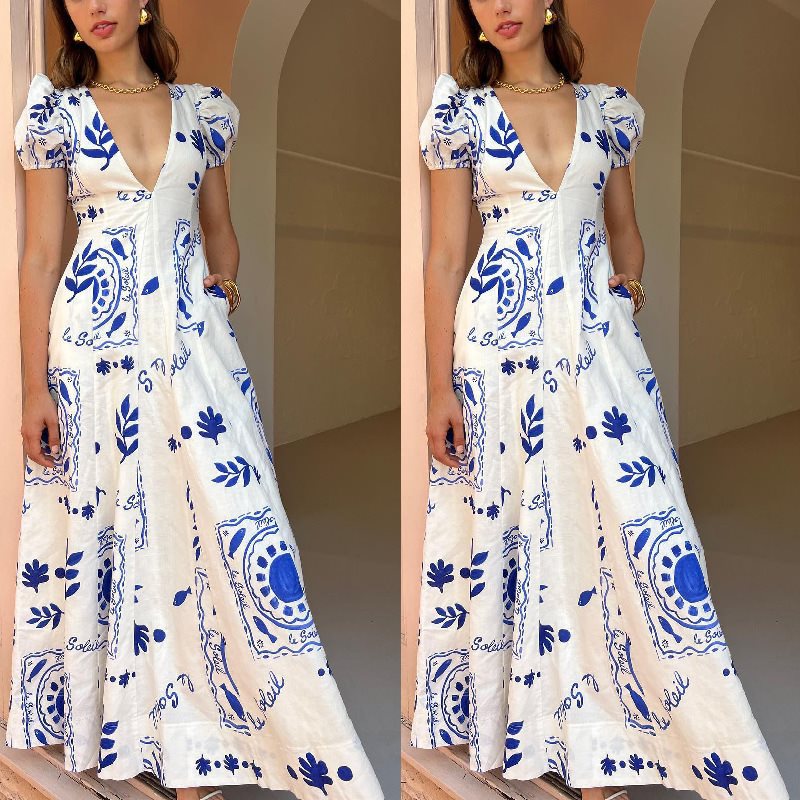 Damen Maxikleid mit voluminösen Puffärmeln und floralen Mustern Stalluxe